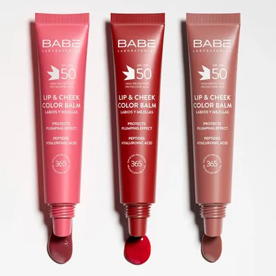 Бальзам-тінт для губ та щік Babe Laboratorios SPF50  із гіалуроновою кислотою та пептидами Cherry, 20 мл