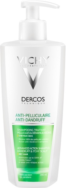 Шампунь Vichy Dercos посиленої дії проти лупи для сухого волосся та подразненої шкіри голови, 390 мл