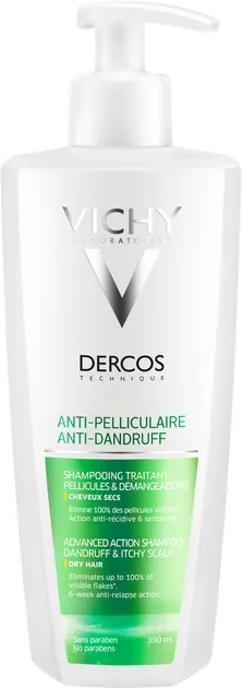 Шампунь Vichy Dercos посиленої дії проти лупи для сухого волосся та подразненої шкіри голови, 390 мл