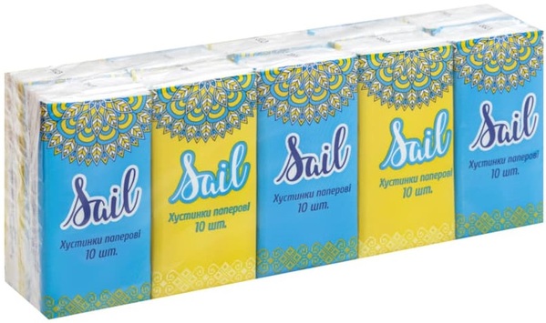 Платочки бумажные Sail однослойные без запаха, 10 шт х 10 уп