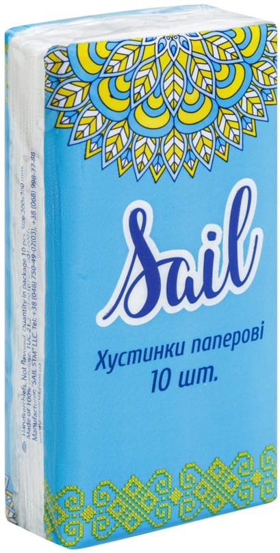 Платочки бумажные Sail однослойные без запаха, 10 шт х 10 уп