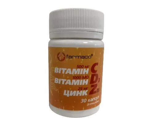 Вітамін С 500 мг + Вітамін D3 1000МЕ + Цинк 25 мг Farmaco капсули №30