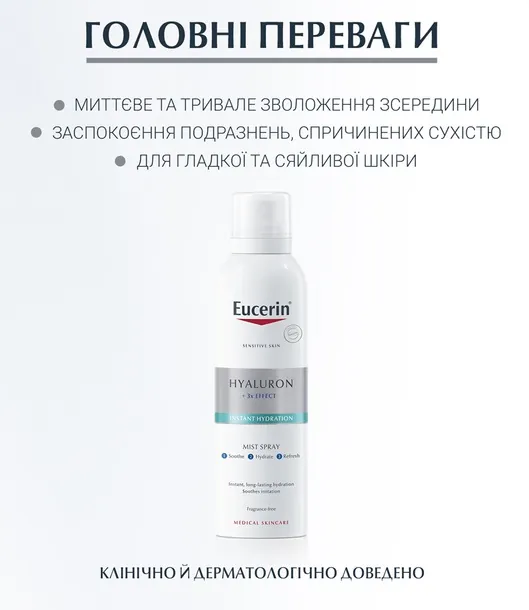 Спрей Eucerin Hyaluron + 3x Effect зволожуючий з гіалуроном для чутливої шкіри (66857), 150 мл
