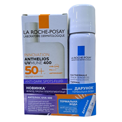 Набор La Roche-Posay Anthelios UVmune 400 солнцезащитный флюид легкий корректирующий против гиперпигментации кожи SPF 50+, 50 мл + термальная вода, 50