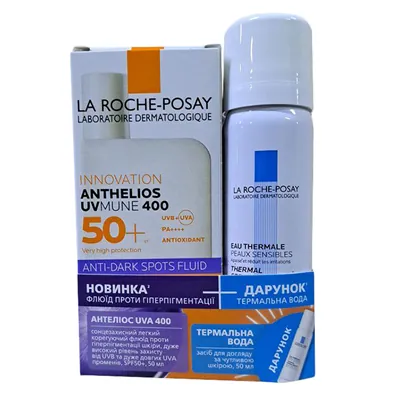 Набір La Roche-Posay Anthelios UVmune 400 сонцезахисний флюїд легкий корегуючий проти гіперпігментації шкіри SPF 50+, 50 мл + термальна вода, 50 мл