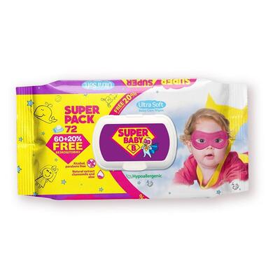 Салфетки влажные Super Baby детские Ромашка и алоэ, 72 шт