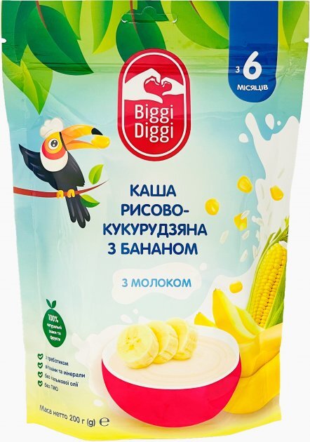 Каша молочная Biggi Diggi быстрорастворимая рисово-кукурузная с бананом для детей с 6 месяцев, 200 г