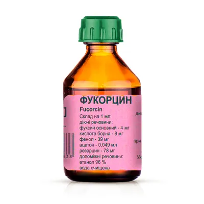 Фукорцин розчин д/зовн. заст., спирт. по 25 мл у флак.