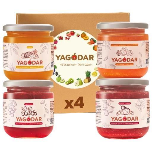 Набор джемов Yagodar клюква + кизил-груша + мандарин-апельсин-мускатный орех + ананас, 4 шт х 210 г