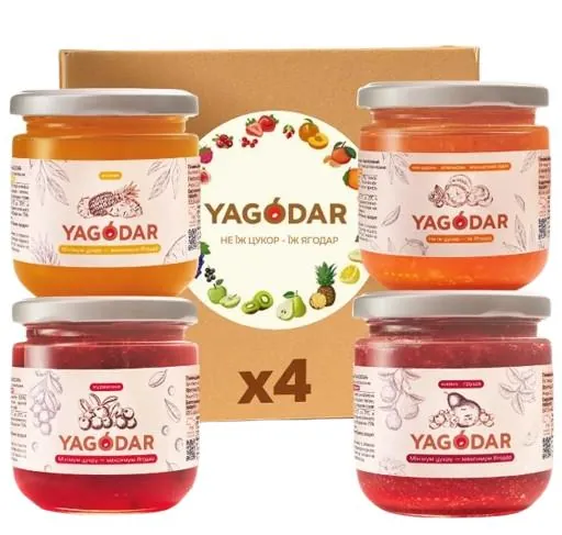 Набір джемів Yagodar журавлина + кизил-груша + мандарин-апельсин-мускатний горіх + ананас, 4 шт х 210 г