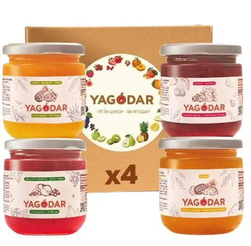 Набір джемів Yagodar червона смородина-груша + малина-апельсин + ананас-апельсин + ананас, 4 шт х 210 г
