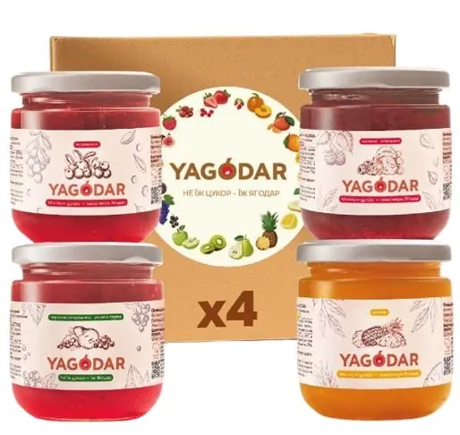 Набір джемів Yagodar червона смородина-груша + малина-апельсин + журавлина + ананас, 4 шт х 210 г