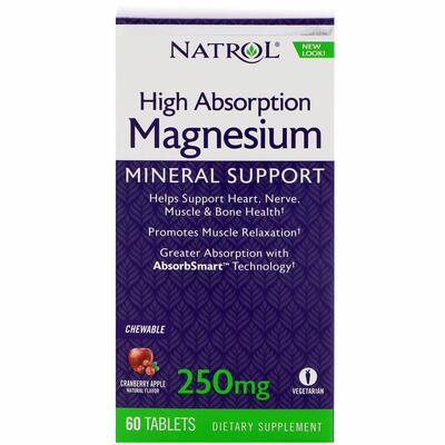 Магний Natrol Magnesium 250 мг, вкус яблок и клюквы, 60 жевательных таблеток
