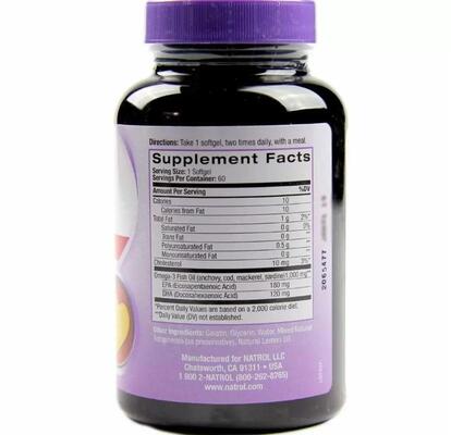 Омега-3 Natrol Omega-3 Fish Oil лимонный вкус, 1000 мг, 60 капсул
