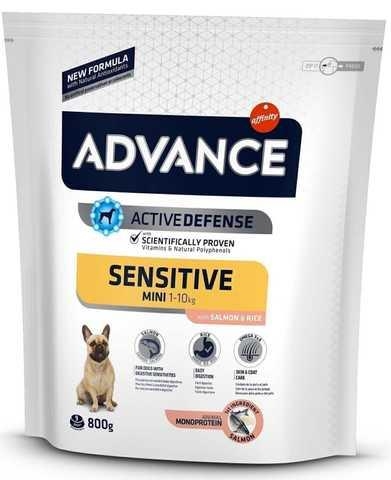 Корм сухой для собак малых пород с чувствительным пищеварением Advance Mini Sensitive с лососем и рисом, 800 г