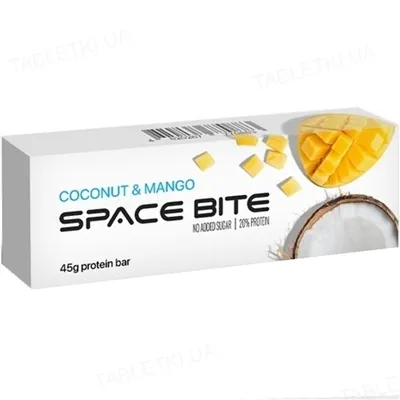 Батончик протеїновий Space Bite Protein Bar 20% протеїну кокос та манго, 10 штук по 45 г