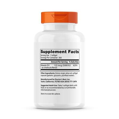 Вітамін D3 5000IU Doctor's Best Vitamin D3, 360 желатинових капсул