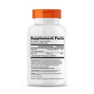 Вітамін K2 з D3 Doctor's Best Vitamin K2 plus Vitamin D3 180 мкг, 60 капсул