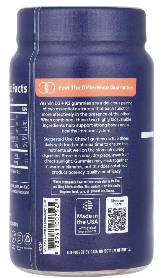 Вітамін D3 і K2 Trace Minerals Vitamin D3 + K2 Gummies смак полуниці, 60 жувальних цукерок