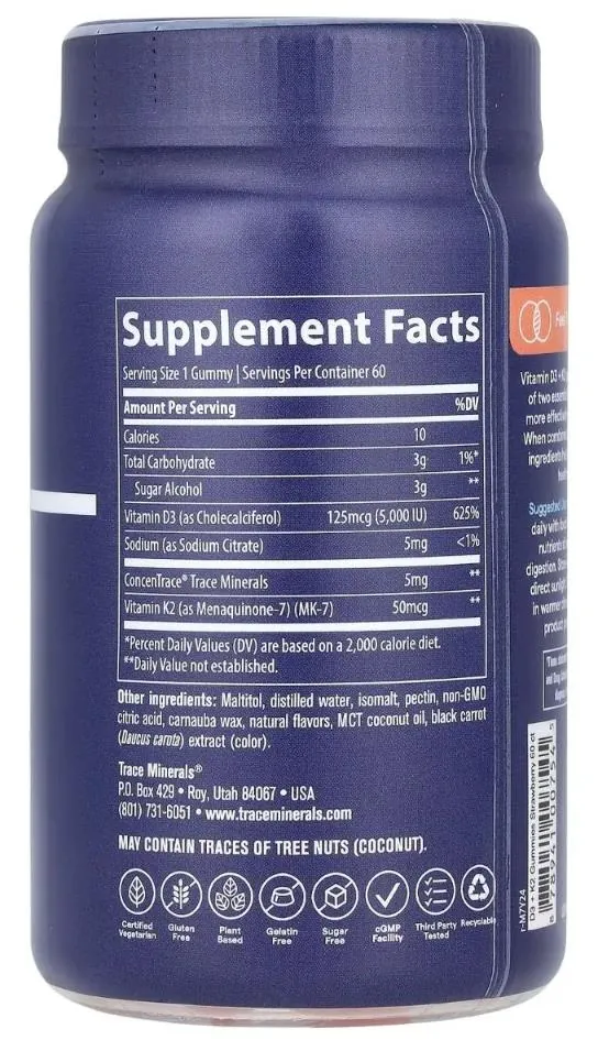 Вітамін D3 і K2 Trace Minerals Vitamin D3 + K2 Gummies смак полуниці, 60 жувальних цукерок
