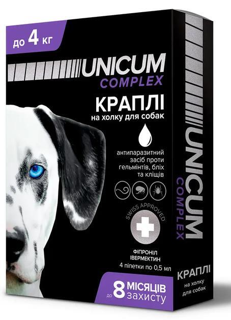 Капли на холку Unicum Complex от блох, клещей и гельминтов для собак весом 0-4 кг, 1 пипетка