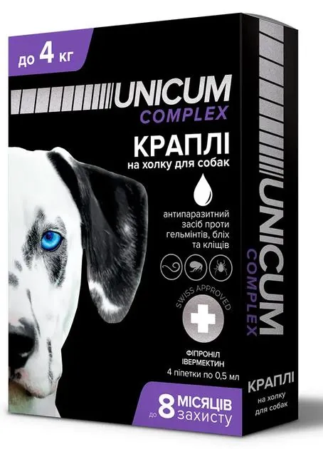 Краплі на холку Unicum Complex від бліх, кліщів і гельмінтів для собак вагою 0-4 кг, 1 піпетка