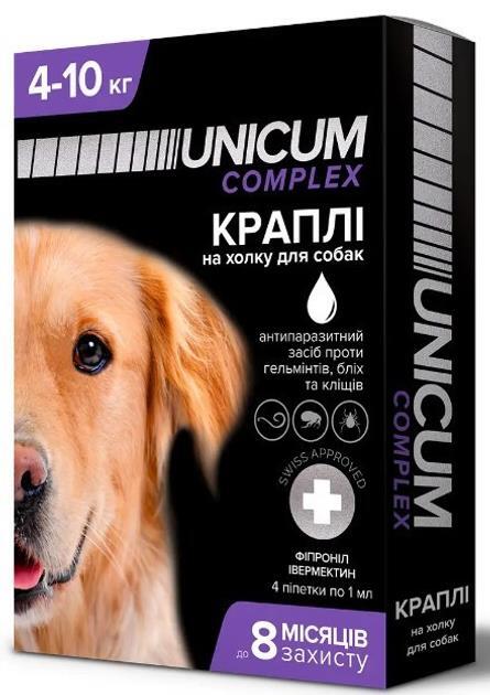Капли на холку Unicum Complex от блох, клещей и гельминтов для собак весом 4-10 кг, 1 пипетка