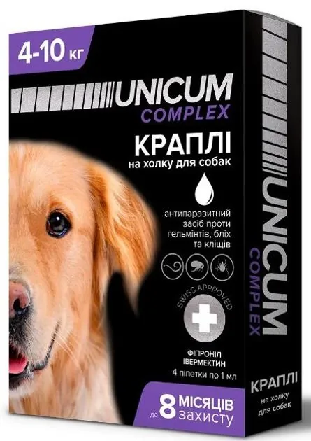 Краплі на холку Unicum Complex від бліх, кліщів і гельмінтів для собак вагою 4-10 кг, 1 піпетка