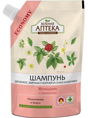 Шампунь Зелена Аптека Женьшень для волосся жирного біля коріння сухого біля кінчиків, дой-пак, 200 мл