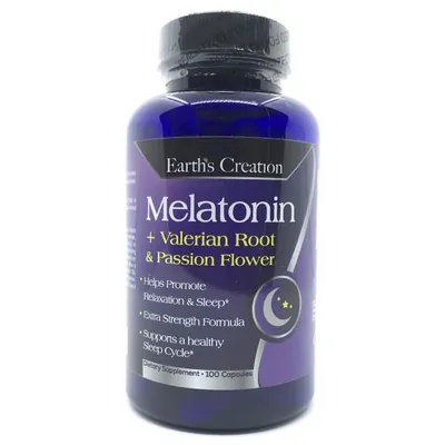 Мелатонін + корінь валеріани і пасифлора Earth's Creation Melatonin + Valerian Root & Passion Flower, 100 капсул
