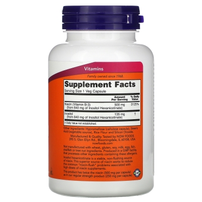 Диетическая добавка NOW Flush-Free Niacin 500 мг, 90 капсул