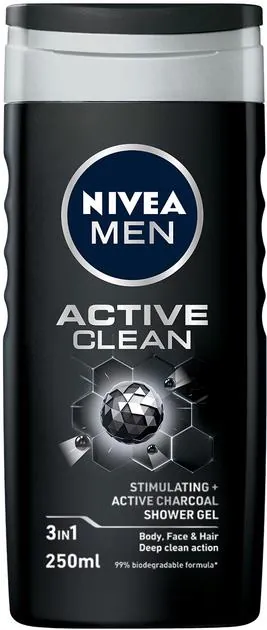 Гель для душу чоловічий Nivea Men 3-в-1 Active Clean для тіла, обличчя та волосся, 250 мл