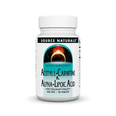 Ацетил L-карнітин + Альфа-ліпоєва кислота Source Naturals Acetyl L-Carnitine & Alpha-Lipoic Acid 650 мг, 30 таблеток