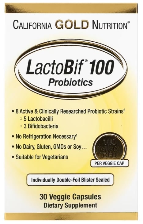 Пробиотики California Gold Nutrition LactoBif Probiotics 100 Billion, 30 веганских капсул