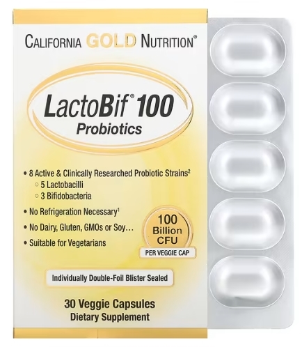 Пробиотики California Gold Nutrition LactoBif Probiotics 100 Billion, 30 веганских капсул