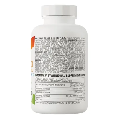 Вітаміни D3 + K2 + C + Zn OstroVit Vitamin D3 2000 IU + K2 MK-7 + C + Zn, 60 капсул