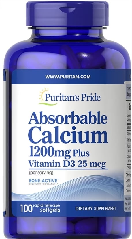 Кальций с витамином Д3 Puritan's Pride Absorbable Calcium 1200 мг Plus Vitamin D3 25 мкг, 100 гелевых капсул