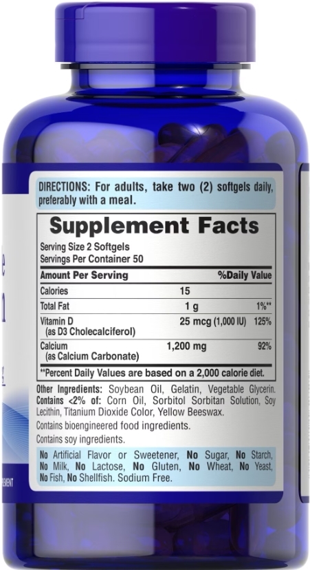 Кальций с витамином Д3 Puritan's Pride Absorbable Calcium 1200 мг Plus Vitamin D3 25 мкг, 100 гелевых капсул