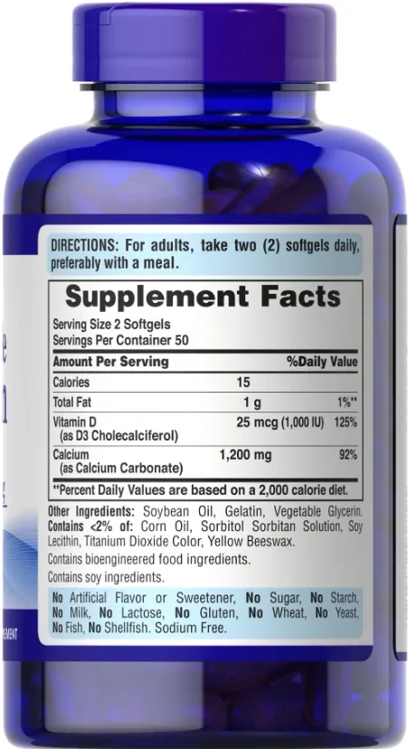 Кальцій з вітаміном Д3 Puritan's Pride Absorbable Calcium 1200 мг Plus Vitamin D3 25 мкг, 100 гелевих капсул