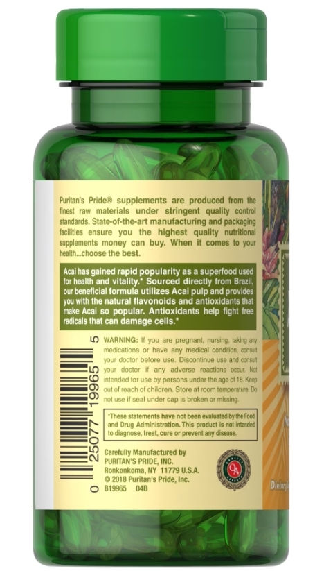 Асаи Puritan's Pride Acai 1000 мг, 60 гелевых капсул