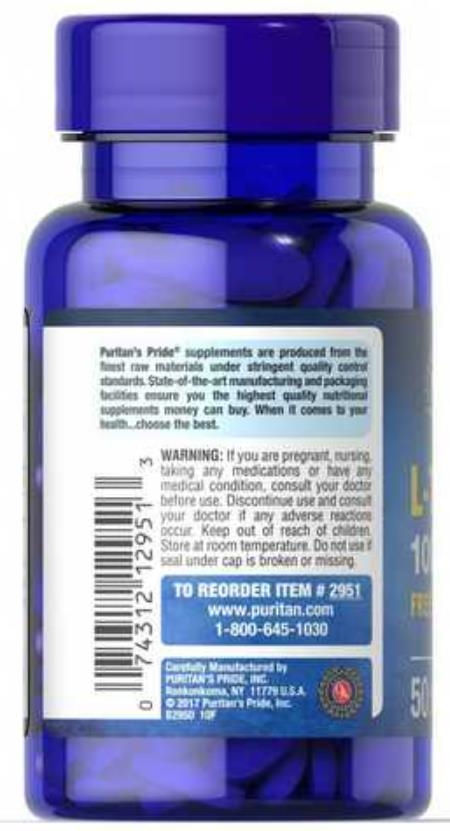 Аминокислота L-Таурин Puritan's Pride L-Taurine 1000 мг, 50 каплет