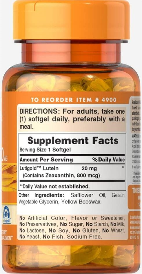 Лютеин Puritan's Pride Lutein 20 мг, 30 капсул