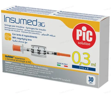 Шприц інсуліновий 0,3 мл Insumed 31G (0,25 х 8 мм), 30 штук
