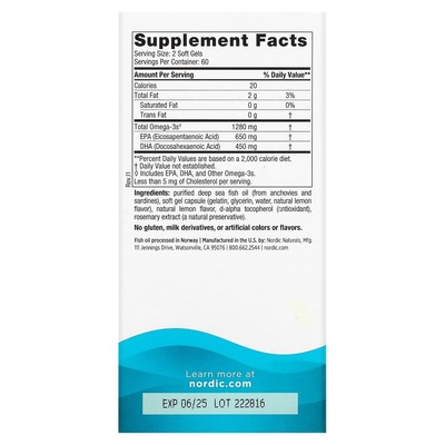 Омега Nordic Naturals Ultimate Omega 1280 мг, лимон, 120 капсул