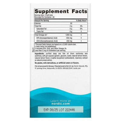 Омега Nordic Naturals Ultimate Omega 1280 мг, лимон, 60 капсул