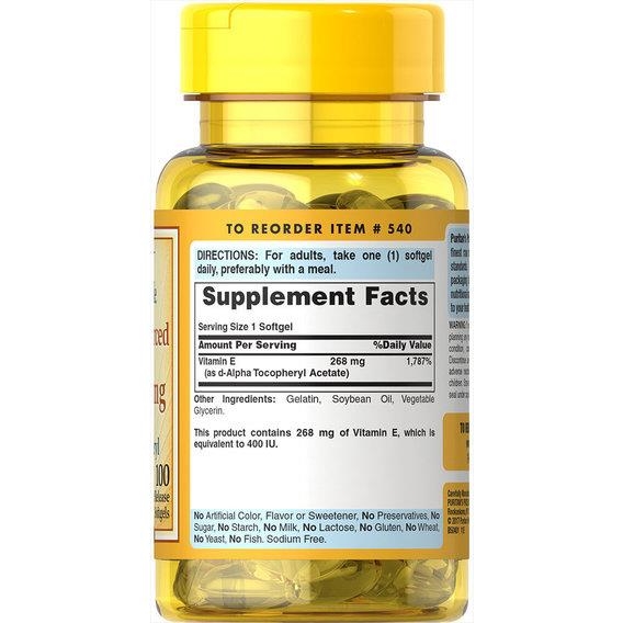 Вітамін Е Puritan's Pride Vitamin E-100 IU (67 мг) 100% Naturally Sourced, 100 гелевих капсул
