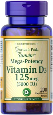Вітамін Д3 Puritan's Pride Vitamin D3 5000 IU (125 мкг), 200 гелевих капсул