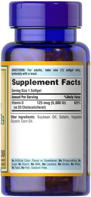 Вітамін Д3 Puritan's Pride Vitamin D3 5000 IU (125 мкг), 200 гелевих капсул