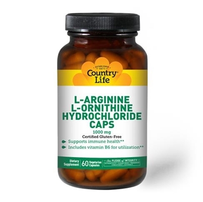 Аминокислотный комплекс Country Life L-Arginine L-Ornithine (аргинин и орнитин) 1000 мг, 60 капсул