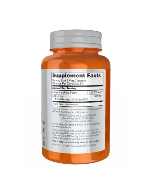 Аргінін та орнітін NOW Sports Arginine & Ornithine 500 мг/250 мг вег. капсули №100